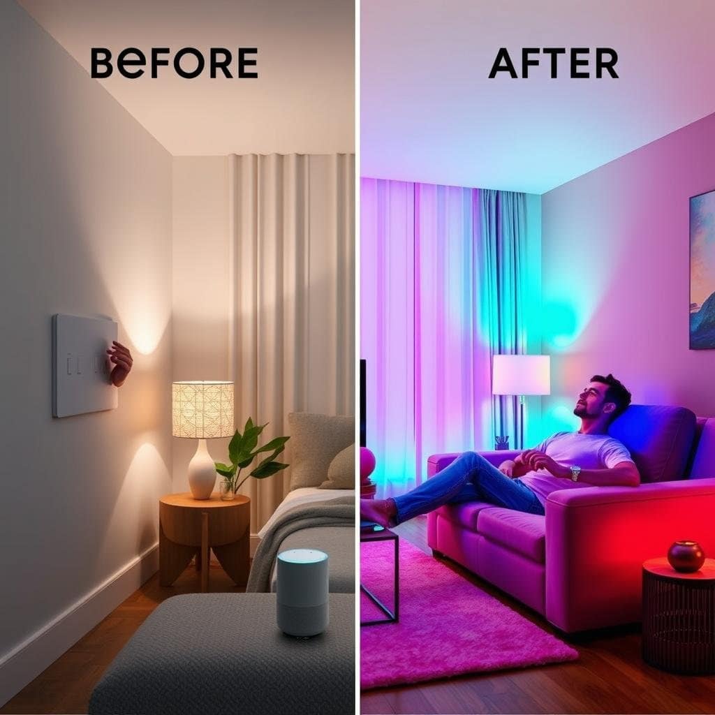 Voice-controlled smart lighting system changing colors in a living room 603abf63 2c73 4fe9 b159 5b859a17616b before after image for voice assistants article