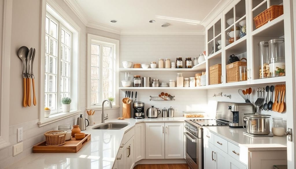 A bright, airy kitchen with ample counter space and open shelving showcasing an array of neatly organized cooking tools and small appliances. Natural light streams in through large windows, casting a warm glow on the crisp white cabinetry and gleaming stainless steel accents. Carefully curated jars, containers, and baskets line the shelves, creating a visually pleasing and functional storage solution. The overall atmosphere conveys a sense of order, efficiency, and practical inspiration for optimizing kitchen gadget storage. A bright, airy kitchen with ample counter space and open shelving showcasing an array of neatly organized cooking tools and small appliances. Natural light streams in through large windows, casting a warm glow on the crisp white cabinetry and gleaming stainless steel accents. Carefully curated jars, containers, and baskets line the shelves, creating a visually pleasing and functional storage solution. The overall atmosphere conveys a sense of order, efficiency, and practical inspiration for storing kitchen gadgets..