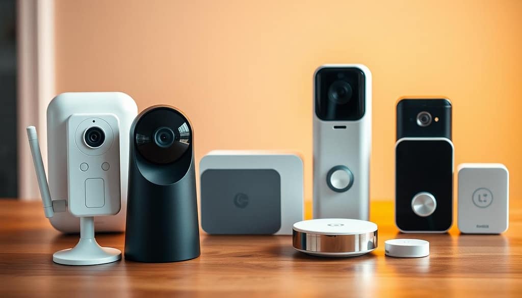 A collection of budget-friendly smart home security devices sits on a minimalist wooden table, bathed in warm, ambient lighting. In the foreground, a sleek wireless security camera and a motion-activated alarm system stand out. In the middle ground, a smart video doorbell and a compact Wi-Fi-enabled security hub blend seamlessly. The background features a compact smart lock and a discreet indoor security sensor, all showcasing their compact, modern designs. The overall atmosphere exudes a sense of reliable, yet affordable, home protection. A collection of smart home on a budget security devices sits on a minimalist wooden table, bathed in warm, ambient lighting. In the foreground, a sleek wireless security camera and a motion-activated alarm system stand out. In the middle ground, a smart video doorbell and a compact Wi-Fi-enabled security hub blend seamlessly. The background features a compact smart lock and a discreet indoor security sensor, all showcasing their compact, modern designs. The overall atmosphere exudes a sense of reliable, yet affordable, home protection.