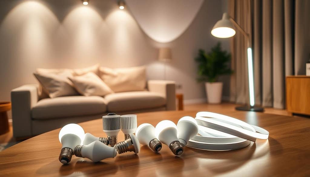 A cozy living room bathed in warm, budget-friendly smart lighting. On the coffee table, an array of compact, stylish smart bulbs and LED strips. Recessed spotlights cast a soft glow, illuminating a plush armchair and a sleek, minimalist floor lamp. Ambient light gleams off the smooth, polished wood surfaces, creating a inviting, energy-efficient atmosphere. The scene conveys a sense of modern, affordable home automation, perfect for a stylish, tech-savvy space. A cozy living room bathed in warm, budget-friendly smart lighting. On the coffee table, an array of compact, stylish smart bulbs and LED strips. Recessed spotlights cast a soft glow, illuminating a plush armchair and a sleek, minimalist floor lamp. Ambient light gleams off the smooth, polished wood surfaces, creating a inviting, energy-efficient atmosphere. The scene conveys a sense of modern, affordable home automation, perfect for a stylish, tech-savvy space.