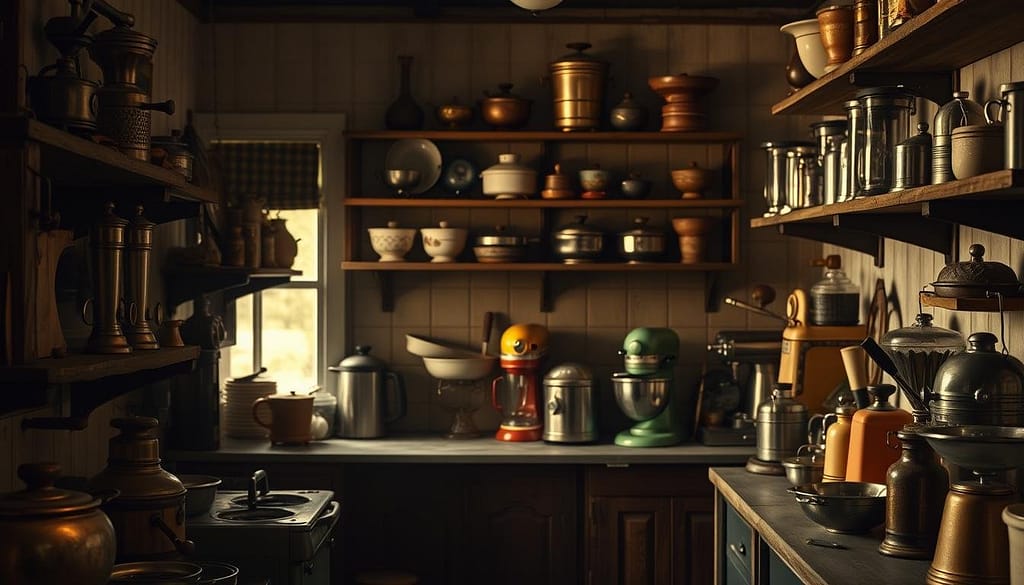 A dimly lit kitchen interior, antique wooden shelves line the walls, displaying an array of vintage kitchen gadgets from different eras - from hand-cranked meat grinders and cast-iron skillets to retro-styled electric mixers and juicers. The soft, warm lighting casts gentle shadows, creating a nostalgic, time-worn atmosphere. In the foreground, a collection of these historical tools are artfully arranged, each piece a testament to the evolution of culinary technology. The middle ground features a mix of classic and contemporary gadgets, showcasing the gradual progression of kitchen innovation. The background fades into a hazy, sepia-toned ambiance, emphasizing the timeless nature of these essential kitchen companions. A dimly lit kitchen interior antique wooden shelves line the walls displaying an array of