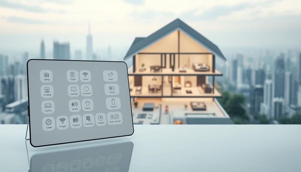 A meticulously planned smart home blueprint displayed on a sleek digital interface. In the foreground, a minimalist control panel showcases various home automation features - lighting, climate, security, and entertainment. The middle ground features a detailed 3D floorplan of a modern house, with highlighted zones for different smart systems. The background subtly fades into a serene, futuristic cityscape, conveying a sense of technological prowess and connected living. Crisp, high-resolution rendering with balanced lighting and a muted color palette evokes a sophisticated, forward-thinking aesthetic. A meticulously planned smart home blueprint displayed on a sleek digital interface. In the foreground, a minimalist control panel showcases various home automation features - lighting, climate, security, and entertainment. The middle ground features a detailed 3D floorplan of a modern house, with highlighted zones for different smart systems. The background subtly fades into a serene, futuristic cityscape, conveying a sense of technological prowess and connected living. Crisp, high-resolution rendering with balanced lighting and a muted color palette evokes a sophisticated, forward-thinking aesthetic.