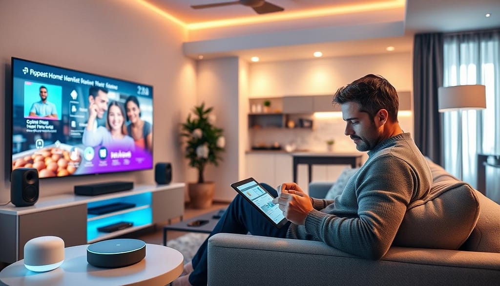 A modern living room with a large TV, various smart home devices, and a person troubleshooting technical issues on a tablet. Soft, warm lighting illuminates the scene, creating a cozy and inviting atmosphere. The person is seated on a comfortable couch, surrounded by sleek, minimalist furniture and decor. The room's layout and design elements suggest a high-tech, well-integrated smart home environment. The person's focused expression and the array of smart devices convey the challenge of troubleshooting common smart home problems in the year 2025. A modern living room with a large TV, various smart home devices, and a person troubleshooting technical issues on a tablet. Soft, warm lighting illuminates the scene, creating a cozy and inviting atmosphere. The person is seated on a comfortable couch, surrounded by sleek, minimalist furniture and decor. The room's layout and design elements suggest a high-tech, well-integrated smart home environment. The person's focused expression and the array of smart devices convey the challenge of troubleshooting common smart home problems in the year 2025.