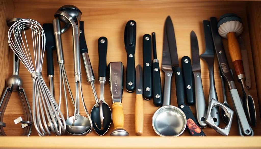 A neatly organized kitchen drawer, with an array of smaller tools and gadgets meticulously arranged. The foreground showcases a variety of utensils, such as whisks, tongs, and measuring spoons, all carefully placed in compartments or standing upright. The middle ground features a selection of specialty tools, like a garlic press, a zester, and a paring knife, their handles peeking out from their designated slots. The background subtly suggests the warm, earthy tones of the wooden drawer, creating a sense of natural harmony. The lighting is soft and diffused, casting a gentle glow that accentuates the clean, organized aesthetic. The overall composition conveys a sense of efficiency and control, perfectly capturing the essence of "Drawer Organization Techniques for Smaller Kitchen Tools". Storing Kitchen Gadgets