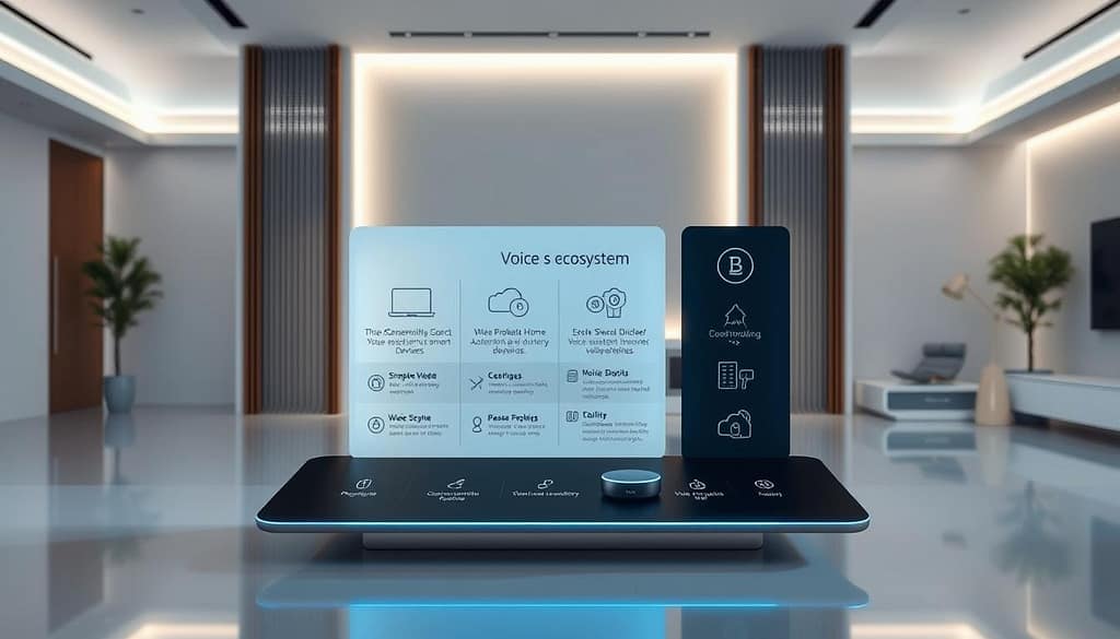 A professional, well-lit, high-resolution comparison of popular voice assistant ecosystems, showcasing their distinctive features and capabilities. In the foreground, a sleek display demonstrates the seamless integration of voice commands with smart home devices, illuminating the benefits of each ecosystem. The middle ground features detailed iconography and infographics, providing a clear visual hierarchy of the key functionalities. In the background, a minimalist, high-tech environment with clean lines and muted tones sets the stage, highlighting the futuristic and efficient nature of these voice-powered solutions. The overall atmosphere is one of sophistication, innovation, and the effortless fusion of technology and everyday living. A professional, well-lit, high-resolution comparison of popular voice assistant ecosystems, showcasing their distinctive features and capabilities. In the foreground, a sleek display demonstrates the seamless integration of voice commands with smart home devices, illuminating the benefits of each ecosystem. The middle ground features detailed iconography and infographics, providing a clear visual hierarchy of the key functionalities. In the background, a minimalist, high-tech environment with clean lines and muted tones sets the stage, highlighting the futuristic and efficient nature of these voice-powered solutions. The overall atmosphere is one of sophistication, innovation, and the effortless fusion of technology and everyday living.