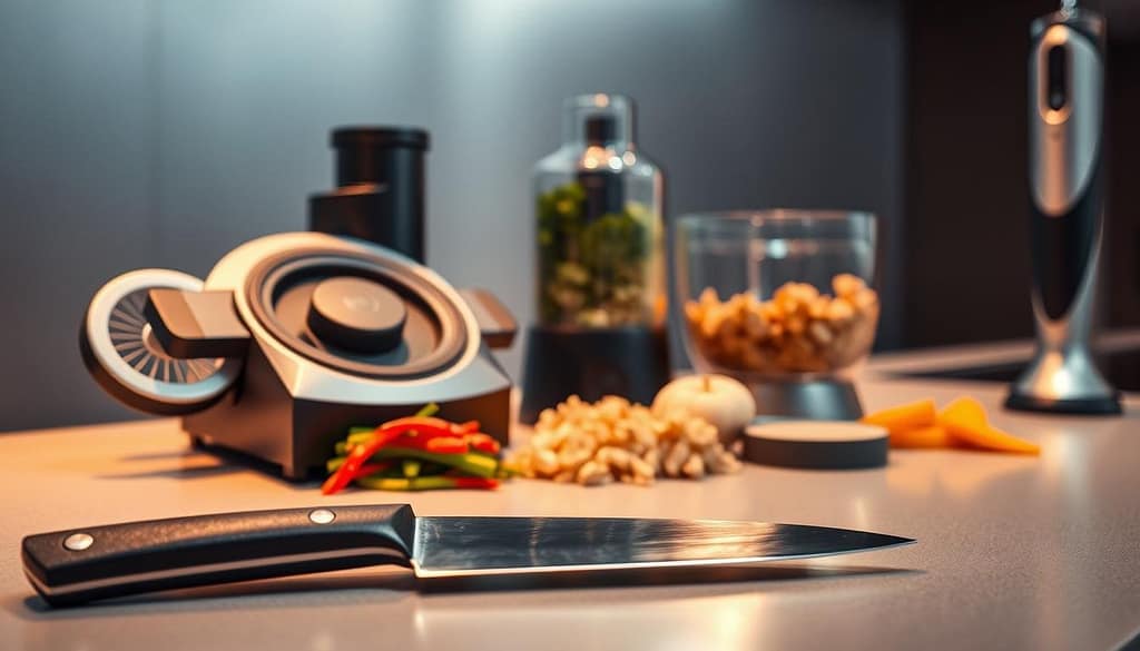 A sleek, minimalist kitchen countertop showcases an array of innovative cutting gadgets. In the foreground, a razor-sharp ceramic knife, its blade gleaming under warm, directional lighting. Beside it, a multifunctional mandoline slicer, its adjustable blades capable of precisely dicing vegetables. In the middle ground, a high-tech electric chopper, its motorized blades effortlessly mincing herbs and nuts. In the background, a compact, cordless immersion blender, its streamlined design suggesting power and precision. The overall mood is one of culinary sophistication and technological prowess, hinting at the transformative potential of these cutting-edge kitchen tools. A sleek, minimalist kitchen countertop showcases an array of innovative cutting gadgets.