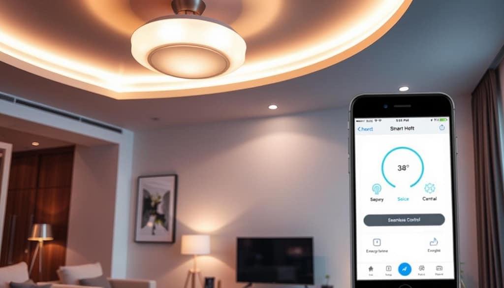 A sleek, modern living room with a prominent smart lighting system. In the foreground, a voice-activated ceiling light fixture emits a warm, ambient glow, illuminating the minimalist decor. The middle ground showcases a smartphone or tablet displaying a smart home control app, indicating seamless voice and app-based management. In the background, subtly placed floor lamps and recessed lighting create a cohesive, energy-efficient lighting design. The scene conveys a sense of effortless control, connectivity, and a harmonious smart home aesthetic. A sleek, modern living room with a prominent smart lighting system. In the foreground, a voice-activated ceiling light fixture emits a warm, ambient glow, illuminating the minimalist decor. The middle ground showcases a smartphone or tablet displaying a smart home control app, indicating seamless voice and app-based management. In the background, subtly placed floor lamps and recessed lighting create a cohesive, energy-efficient lighting design. The scene conveys a sense of effortless control, connectivity, and a harmonious smart home aesthetic.