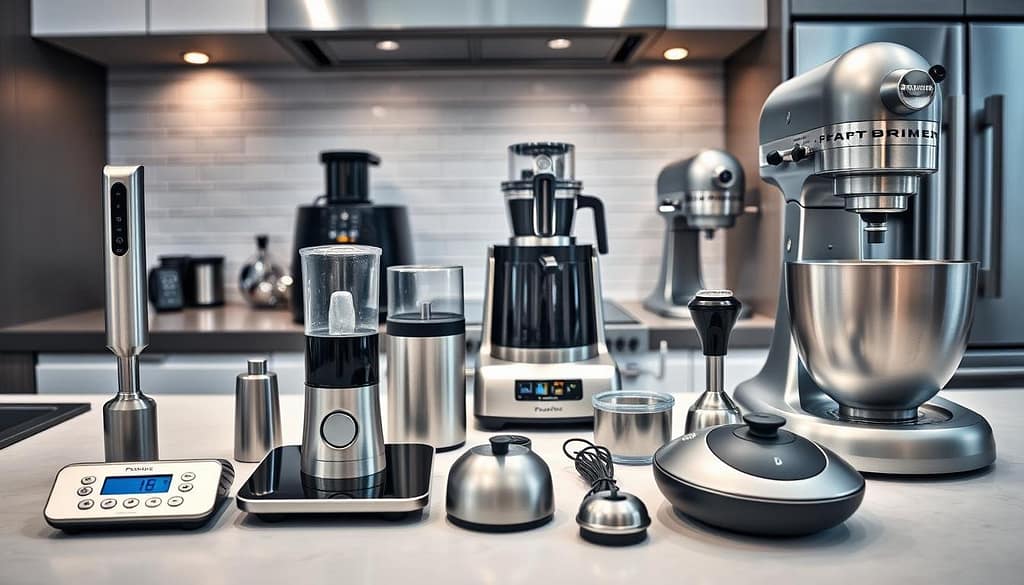 A stylish and modern kitchen counter, with an array of sleek, high-tech gadgets neatly arranged. In the foreground, a precision digital food scale, a sturdy hand-held blender, and a compact electric juicer stand out, each with a distinct silhouette and metallic finish. In the middle ground, a compact espresso machine, a professional-grade food processor, and a high-powered stand mixer occupy the scene, showcasing their advanced features and cutting-edge design. The background features a minimalist tiled backsplash, subtle ambient lighting, and a glimpse of stainless steel appliances, creating an overall atmosphere of culinary sophistication and functionality. The image conveys the idea of kitchen gadgets as specialized, efficient tools that elevate the cooking experience beyond basic utensils. A stylish and modern kitchen counter with an array of sleek high tech gadgets neatly