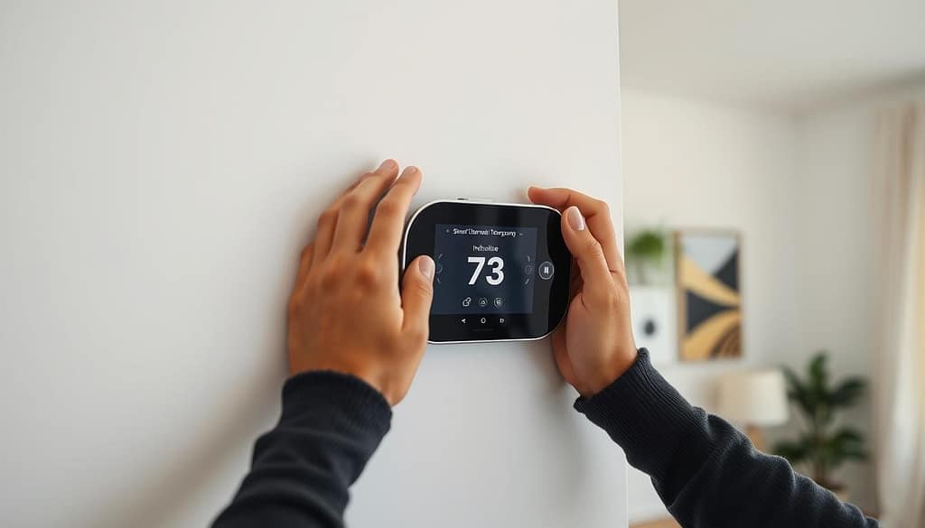 A well-lit, close-up view of a homeowner's hands carefully installing a modern, sleek smart thermostat on a white wall. The thermostat's display shows intuitive controls and settings, reflecting the user-friendly interface. In the background, the room is partially visible, showcasing clean, minimalist decor to emphasize the smart thermostat's seamless integration into the home environment. The lighting is soft and even, highlighting the precision of the installation process. The overall scene conveys a sense of confidence and simplicity, guiding the viewer through the step-by-step installation of a state-of-the-art smart home device. A well-lit, close-up view of a homeowner's hands carefully installing a modern, sleek smart thermostat on a white wall. The thermostat's display shows intuitive controls and settings, reflecting the user-friendly interface. In the background, the room is partially visible, showcasing clean, minimalist decor to emphasize the smart thermostat's seamless integration into the home environment. The lighting is soft and even, highlighting the precision of the installation process. The overall scene conveys a sense of confidence and simplicity, guiding the viewer through the step-by-step installation of a state-of-the-art smart home device.