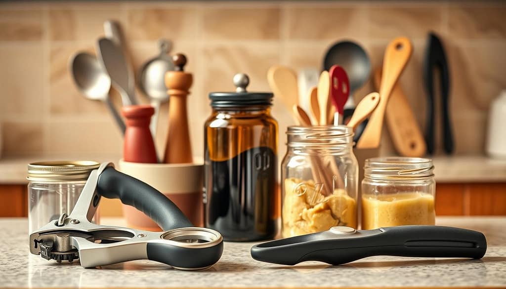 A well-lit kitchen counter setting, showcasing an array of ergonomic kitchen gadgets designed for people with arthritic hands. In the foreground, a sturdy can opener with a large, easy-grip handle, a vegetable peeler with a wide, cushioned grip, and a jar opener with a comfortable, non-slip surface. In the middle ground, a set of measuring cups and spoons with large, easy-to-read markings and sturdy, easy-to-grasp handles. In the background, a neatly arranged collection of other arthritis-friendly tools, such as a wide-handled spatula, a sturdy pepper mill, and a soft-grip garlic press. The lighting is warm and natural, highlighting the practical, well-designed features of these specialized kitchen gadgets. A well-lit kitchen counter setting, showcasing an array of ergonomic kitchen gadgets for arthritic hands. In the foreground, a sturdy can opener with a large, easy-grip handle, a vegetable peeler with a wide, cushioned grip, and a jar opener with a comfortable, non-slip surface. In the middle ground, a set of measuring cups and spoons with large, easy-to-read markings and sturdy, easy-to-grasp handles. In the background, a neatly arranged collection of other arthritis-friendly tools, such as a wide-handled spatula, a sturdy pepper mill, and a soft-grip garlic press. The lighting is warm and natural, highlighting the practical, well-designed features of these specialized kitchen gadgets.