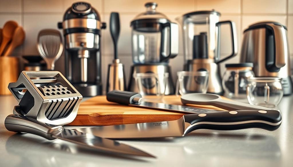 A well-lit kitchen counter showcasing an assortment of essential kitchen gadgets. In the foreground, a sleek stainless steel vegetable peeler, a sharp chef's knife, and a sturdy wooden cutting board. In the middle ground, a chrome hand mixer, a silicone spatula, and a set of measuring cups. In the background, a high-end food processor, a glass jar blender, and a modern electric kettle. The scene is bathed in warm, natural lighting, highlighting the sheen of the metal and the texture of the wooden and silicone elements. The overall mood is one of functionality, efficiency, and a well-equipped modern kitchen ready to tackle any culinary task. A well lit kitchen counter showcasing an assortment of essential kitchen gadgets. In the