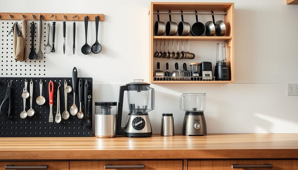 A well-organized kitchen counter showcasing an assortment of practical gadgets neatly arranged in various storage solutions. In the foreground, a pegboard displays hanging utensils, while a tiered rack holds smaller items like measuring cups and spoons. In the middle ground, a set of drawers houses larger appliances like a food processor and blender. The background features a clean, minimalist aesthetic with a bright, natural lighting setup, highlighting the efficient and visually appealing storage system. The image conveys a sense of organization, functionality, and inspiration for optimizing the storage of essential kitchen tools. A well-organized kitchen counter showcasing an assortment of practical gadgets neatly arranged in various storage solutions. In the foreground, a pegboard displays hanging utensils, while a tiered rack holds smaller items like measuring cups and spoons. In the middle ground, a set of drawers houses larger appliances like a food processor and blender. The background features a clean, minimalist aesthetic with a bright, natural lighting setup, highlighting the efficient and visually appealing storage system. The image conveys a sense of organization, functionality, and inspiration for optimizing the storage of essential kitchen tools.