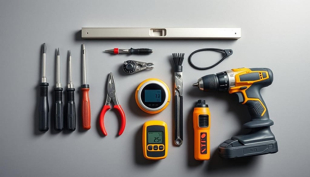A well-organized workbench with various smart thermostat installation tools neatly arranged, including a screwdriver set, wire strippers, a level, a drill, and a voltage tester. The tools are set against a neutral gray background, creating a clean and professional look. Soft, directional lighting illuminates the scene, highlighting the details of each tool. The overall composition conveys a sense of preparedness and attention to detail, setting the stage for a successful smart thermostat installation. A well-organized workbench with various smart thermostat installation tools neatly arranged, including a screwdriver set, wire strippers, a level, a drill, and a voltage tester. The tools are set against a neutral gray background, creating a clean and professional look. Soft, directional lighting illuminates the scene, highlighting the details of each tool. The overall composition conveys a sense of preparedness and attention to detail, setting the stage for a successful smart thermostat installation.