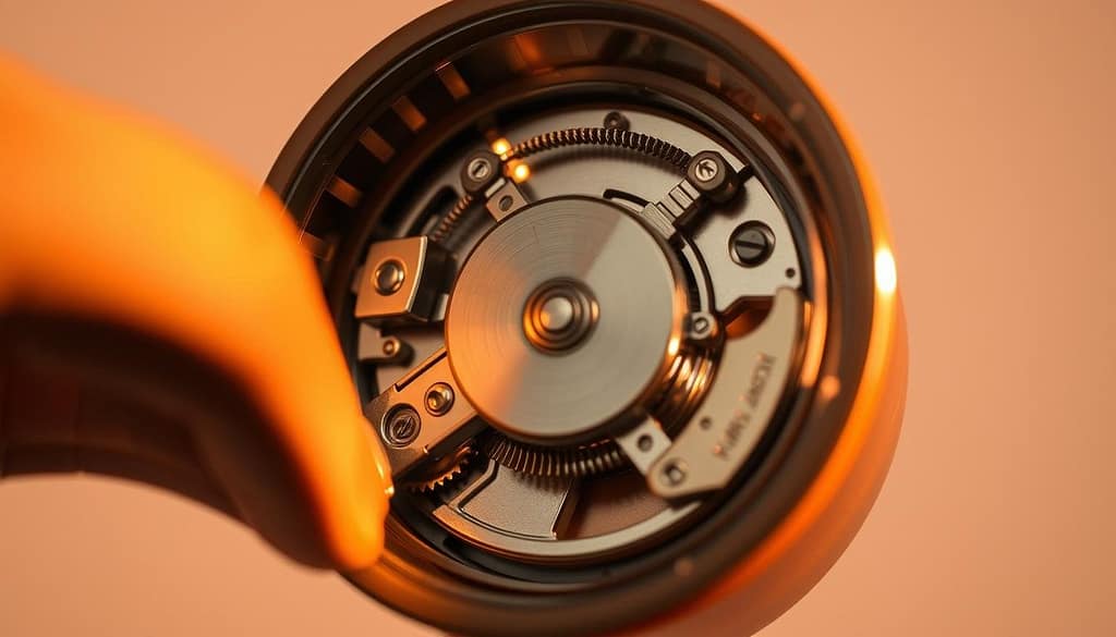 A close-up view of the intricate mechanism inside an EZ Off jar opener, showcasing its inner workings in crisp, high-resolution detail. The mechanism is illuminated by warm, directional lighting, casting soft shadows that accentuate the various gears, levers, and springs that work in harmony to effortlessly twist open even the most stubborn jar lids. The perspective is slightly angled, providing a clear, unobstructed view of the mechanism's layout and design. The background is clean and minimalist, allowing the focus to remain entirely on the engineering marvel at the heart of this useful household tool. A close-up view of the intricate mechanism inside an EZ Off jar opener, showcasing its inner workings in crisp, high-resolution detail. The mechanism is illuminated by warm, directional lighting, casting soft shadows that accentuate the various gears, levers, and springs that work in harmony to effortlessly twist open even the most stubborn jar lids. The perspective is slightly angled, providing a clear, unobstructed view of the mechanism's layout and design. The background is clean and minimalist, allowing the focus to remain entirely on the engineering marvel at the heart of this useful household tool.