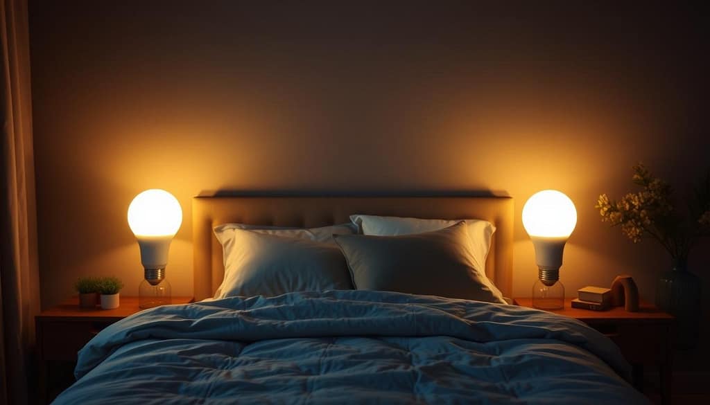 A cozy bedroom at night, illuminated by a pair of smart light bulbs on bedside tables. The bulbs emit a soft, warm glow, creating a soothing, sleep-inducing atmosphere. The room is tastefully decorated with neutral tones and natural textures, exuding a sense of tranquility. The lights can be controlled remotely, allowing the user to adjust the brightness and color temperature to their preference, promoting optimal sleep quality. The bulbs feature advanced sleep-cycle technology, gradually adjusting the light spectrum to mimic the natural circadian rhythm, gently lulling the viewer into a restful slumber. A cozy bedroom at night, illuminated by a pair of smart light bulbs on bedside tables. The bulbs emit a soft, warm glow, creating a soothing, sleep-inducing atmosphere. The room is tastefully decorated with neutral tones and natural textures, exuding a sense of tranquility. The lights can be controlled remotely, allowing the user to adjust the brightness and color temperature to their preference, promoting optimal sleep quality. The bulbs feature advanced sleep-cycle technology, gradually adjusting the light spectrum to mimic the natural circadian rhythm, gently lulling the viewer into a restful slumber.
