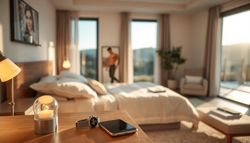 A cozy bedroom bathed in warm morning light, as smart light bulbs gradually illuminate the space, gradually waking the occupant. In the foreground, a bedside table with a smartwatch and phone, indicating a connected morning routine. The middle ground showcases a comfortable bed with crisp white linens, surrounded by minimalist furniture. In the background, large windows offer a glimpse of a serene outdoor landscape, complementing the tranquil atmosphere. The lighting is soft and natural, creating a sense of calm and relaxation. The overall scene conveys a harmonious blend of technology and wellness, reflecting the peaceful start to the day. A cozy bedroom bathed in warm morning light, as smart light bulbs gradually illuminate the space, gradually waking the occupant. In the foreground, a bedside table with a smartwatch and phone, indicating a connected morning routine. The middle ground showcases a comfortable bed with crisp white linens, surrounded by minimalist furniture. In the background, large windows offer a glimpse of a serene outdoor landscape, complementing the tranquil atmosphere. The lighting is soft and natural, creating a sense of calm and relaxation. The overall scene conveys a harmonious blend of technology and wellness, reflecting the peaceful start to the day.