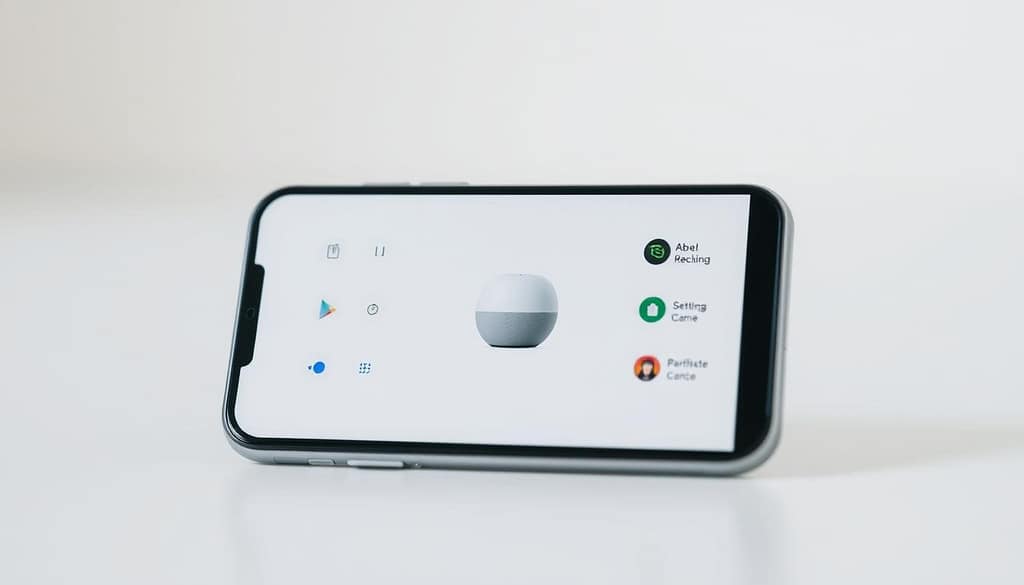 A minimalist, clean-looking interface of the Google Home mobile app, showcasing its remote control and automation capabilities for a smart home. The screen displays a large device icon at the center, surrounded by various controls and settings options. The interface has a sleek, modern design with a predominantly white background, accented by Google's signature colors of blue, red, yellow, and green. The lighting is soft and natural, with a subtle depth of field effect that highlights the app's intuitive user experience. The camera angle is slightly elevated, providing a comprehensive view of the app's core functionalities for seamless smart home management. A minimalist, clean-looking interface of the Google Home mobile app, showcasing its remote control and automation capabilities for a smart home. The screen displays a large device icon at the center, surrounded by various controls and settings options. The interface has a sleek, modern design with a predominantly white background, accented by Google's signature colors of blue, red, yellow, and green. The lighting is soft and natural, with a subtle depth of field effect that highlights the app's intuitive user experience. The camera angle is slightly elevated, providing a comprehensive view of the app's core functionalities for seamless smart home management.