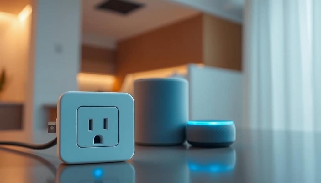 A sleek and modern Amazon Alexa smart plug in the foreground, its simple yet elegant design showcasing its compact form factor and seamless integration into any electrical outlet. The plug's subtle blue LED indicator light glows softly, hinting at the advanced voice control and smart home automation capabilities it enables. In the middle ground, an Alexa-enabled Amazon Echo Dot device sits nearby, its familiar circular shape and signature fabric-wrapped design prominently displayed. The background features a minimalist, well-lit interior, with clean lines and warm, diffused lighting that enhances the technological and futuristic ambiance. The overall scene conveys the effortless convenience and seamless smart home experience offered by the Amazon Smart Plug and its Alexa integration. A sleek and modern Amazon Alexa smart plug in the foreground, its simple yet elegant design showcasing its compact form factor and seamless integration into any electrical outlet. The plug's subtle blue LED indicator light glows softly, hinting at the advanced voice control and smart home automation capabilities it enables. In the middle ground, an Alexa-enabled Amazon Echo Dot device sits nearby, its familiar circular shape and signature fabric-wrapped design prominently displayed. The background features a minimalist, well-lit interior, with clean lines and warm, diffused lighting that enhances the technological and futuristic ambiance. The overall scene conveys the effortless convenience and seamless smart home experience offered by the Amazon Smart Plug and its Alexa integration.