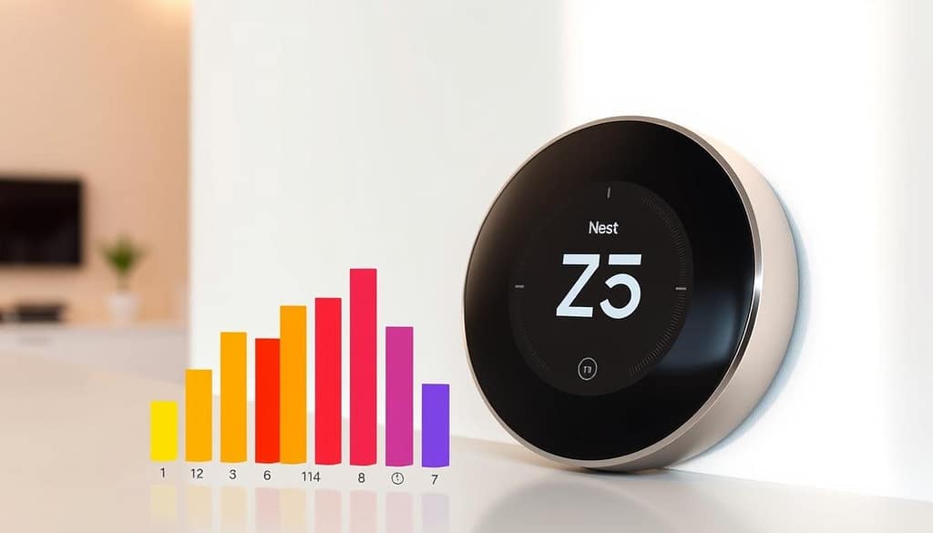 A sleek, modern Google Nest Learning Thermostat prominently displayed against a minimalist, white backdrop. Warm, natural lighting bathes the device, highlighting its clean, circular design and glossy, stainless steel finish. In the foreground, a bar graph or chart visualizes the energy savings achieved through the thermostat's intelligent climate control, with vibrant, color-coded bars representing the reduction in energy consumption and costs over time. The mid-ground features small, discrete icons or symbols conveying the device's key features, such as self-learning algorithms, remote access, and energy-efficient settings. The background subtly suggests a contemporary, smart home environment, with muted, soft-focus elements like a wall-mounted display or smart home hub in the distance. A sleek, modern Google Nest Learning Thermostat prominently displayed against a minimalist, white backdrop. Warm, natural lighting bathes the device, highlighting its clean, circular design and glossy, stainless steel finish. In the foreground, a bar graph or chart visualizes the energy savings achieved through the thermostat's intelligent climate control, with vibrant, color-coded bars representing the reduction in energy consumption and costs over time. The mid-ground features small, discrete icons or symbols conveying the device's key features, such as self-learning algorithms, remote access, and energy-efficient settings. The background subtly suggests a contemporary, smart home environment, with muted, soft-focus elements like a wall-mounted display or smart home hub in the distance.