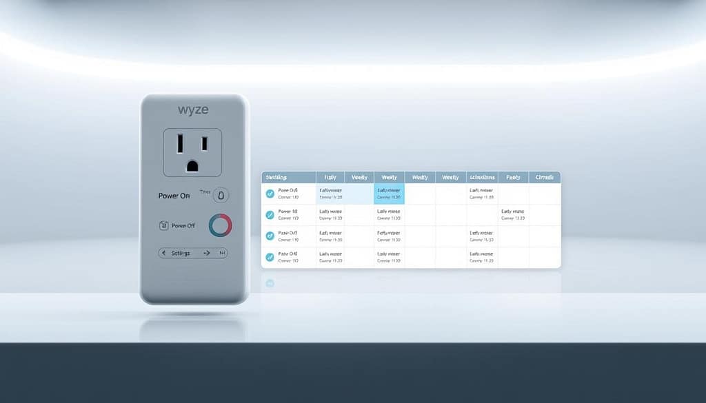 A sleek, modern interface for the Wyze Smart Plug, showcasing its advanced scheduling features. The foreground displays the plug's settings menu, with intuitive controls for scheduling power-on and power-off times. Subtle icons and clean typography guide the user through setting daily, weekly, or custom automation routines. In the middle ground, a stylized grid layout highlights scheduled events, color-coded for quick reference. The background features a minimalist, futuristic environment, with soft lighting and neutral tones that complement the plug's simple, yet powerful design. The overall mood is one of effortless control and seamless home automation. A sleek, modern interface for the Wyze Smart Plug, showcasing its advanced scheduling features. The foreground displays the plug's settings menu, with intuitive controls for scheduling power-on and power-off times. Subtle icons and clean typography guide the user through setting daily, weekly, or custom automation routines. In the middle ground, a stylized grid layout highlights scheduled events, color-coded for quick reference. The background features a minimalist, futuristic environment, with soft lighting and neutral tones that complement the plug's simple, yet powerful design. The overall mood is one of effortless control and seamless home automation.