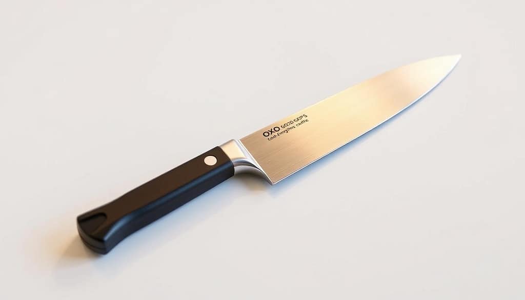 A sleek, stainless steel OXO Good Grips chef's knife rests on a pristine white surface, its sharp blade gleaming under soft, warm lighting. The knife's distinctive black handle with its signature OXO grip texture is prominently featured, highlighting its ergonomic design and comfortable feel. The background is clean and uncluttered, allowing the knife to take center stage, showcasing its versatility and suitability for a wide range of culinary tasks. The overall composition conveys a sense of modern, minimalist elegance, perfectly embodying the high-quality craftsmanship and functional design of the OXO Good Grips chef's knife. A sleek, stainless steel OXO Good Grips chef's knife rests on a pristine white surface, its sharp blade gleaming under soft, warm lighting. The knife's distinctive black handle with its signature OXO grip texture is prominently featured, highlighting its ergonomic design and comfortable feel. The background is clean and uncluttered, allowing the knife to take center stage, showcasing its versatility and suitability for a wide range of culinary tasks. The overall composition conveys a sense of modern, minimalist elegance, perfectly embodying the high-quality craftsmanship and functional design of the OXO Good Grips chef's knife.