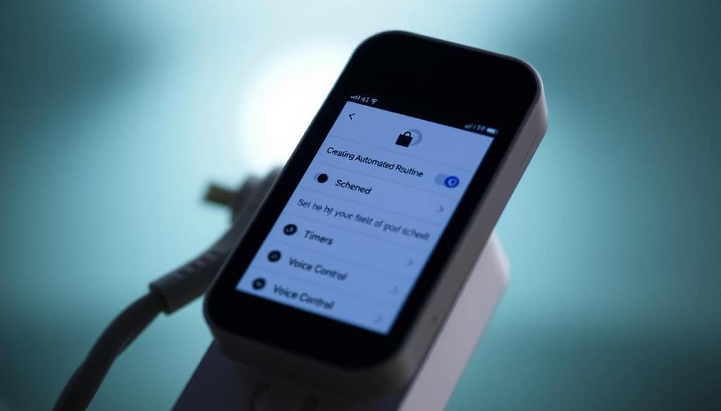 A well-lit, close-up shot of an Amazon smart plug displaying various automated routine options on its sleek, minimalist interface. The plug is positioned against a blurred, out-of-focus background, creating a sense of focus and emphasis on the device's functionality. The screen showcases different customizable settings, such as scheduling, timers, and voice control integration, reflecting the "Creating Automated Routines" section of the article. The image has a clean, modern aesthetic, highlighting the plug's seamless integration into a smart home environment. A well-lit, close-up shot of an Amazon smart plug displaying various automated routine options on its sleek, minimalist interface. The plug is positioned against a blurred, out-of-focus background, creating a sense of focus and emphasis on the device's functionality. The screen showcases different customizable settings, such as scheduling, timers, and voice control integration, reflecting the "Creating Automated Routines" section of the article. The image has a clean, modern aesthetic, highlighting the plug's seamless integration into a smart home environment.