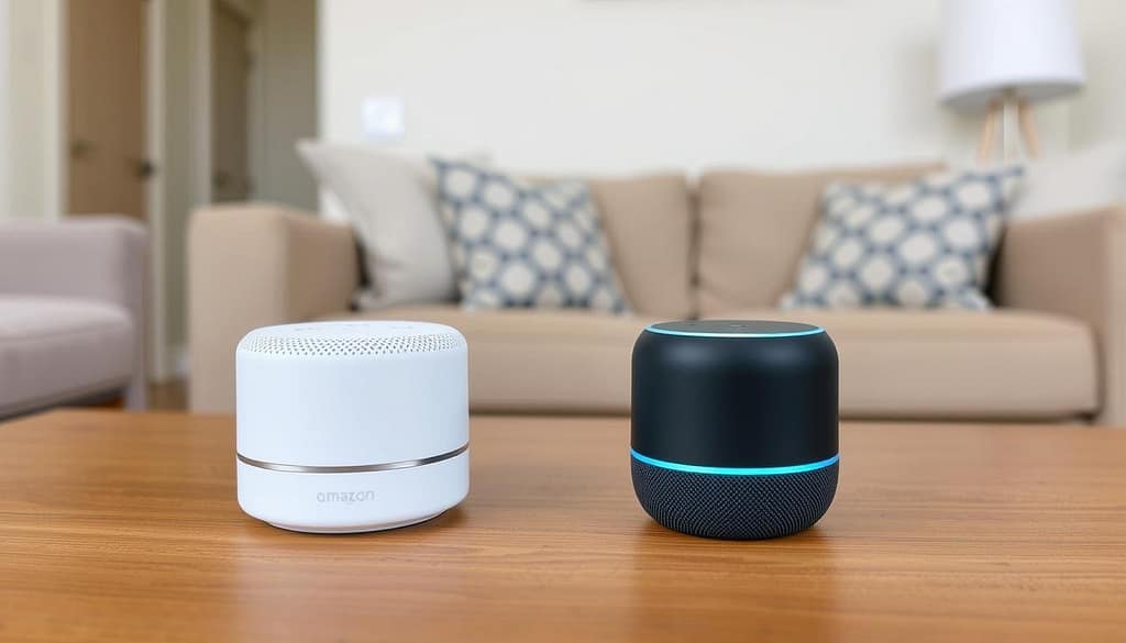 Amazon Echo Dot and Google Nest Mini smart speakers on a coffee table in a rental apartment Amazon Echo Dot and Google Nest Mini smart speakers on a coffee table in a rental apartment