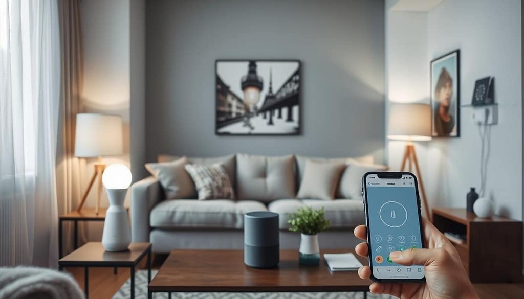 Renter installing smart home devices using temporary mounting solutions Completed smart home setup in a rental apartment with various devices working together