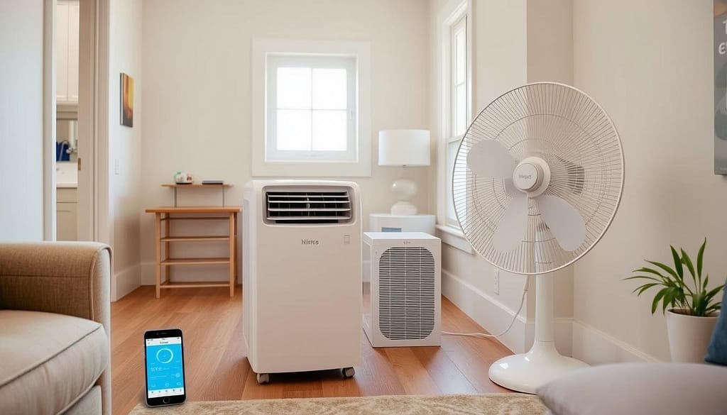Smart portable air conditioner and smart fan in a rental apartment Smart portable air conditioner and smart fan in a rental apartment