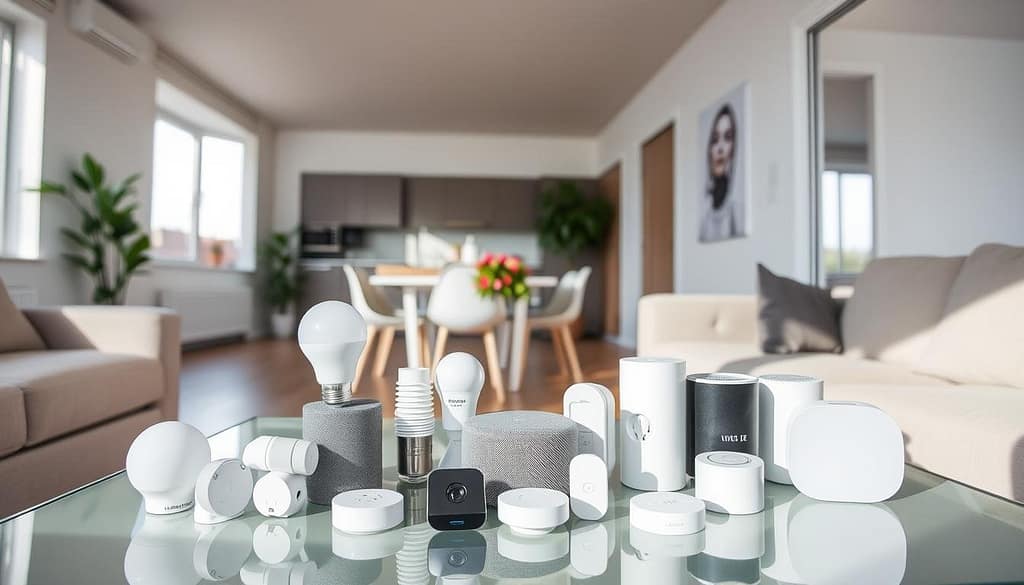 Various renter-friendly smart home devices arranged on a coffee table in an apartment setting
