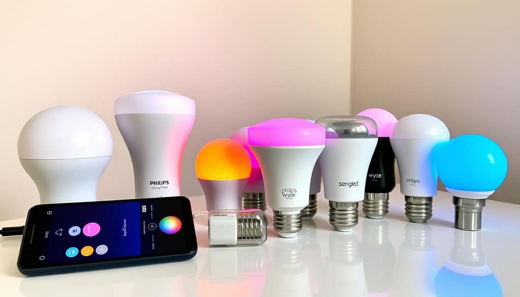 Various smart bulbs displayed with a smartphone showing a lighting control app Various smart bulbs displayed with a smartphone showing a lighting control app