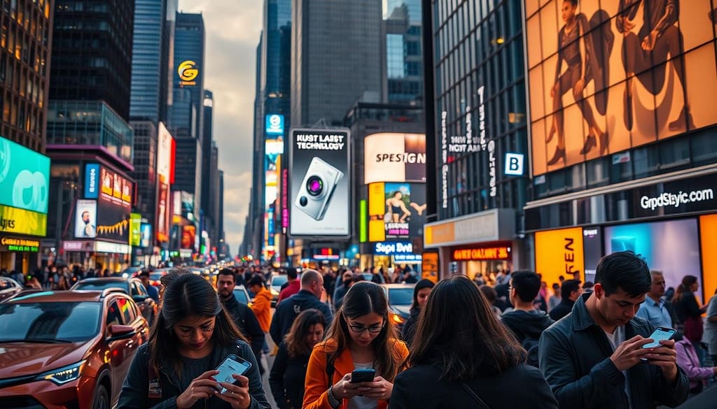 A bustling city street, traffic and pedestrians weaving through the urban landscape. In the foreground, a group of people intently focused on their smartphones, their faces illuminated by the glow of the screens. In the middle ground, a billboard displays the latest technology product, its sleek design and alluring visuals drawing the attention of passersby. The background is a blend of towering skyscrapers, neon signs, and a vibrant, energetic atmosphere, conveying the sense of a society deeply immersed in the digital age. Warm, golden-hued lighting casts a soft, inviting glow, creating a sense of connectivity and social interaction, even amidst the digital distractions. The scene captures the pervasive influence of technology on daily life and the ways in which social factors shape our adoption and use of innovative products and services. A bustling city street, traffic and pedestrians weaving through the urban landscape. In the foreground, a group of people intently focused on their smartphones, their faces illuminated by the glow of the screens. In the middle ground, a billboard displays the latest technology product, its sleek design and alluring visuals drawing the attention of passersby. The background is a blend of towering skyscrapers, neon signs, and a vibrant, energetic atmosphere, conveying the sense of a society deeply immersed in the digital age. Warm, golden-hued lighting casts a soft, inviting glow, creating a sense of connectivity and social interaction, even amidst the digital distractions. The scene captures the pervasive influence of technology on daily life and the ways in which social factors shape our adoption and use of innovative products and services.