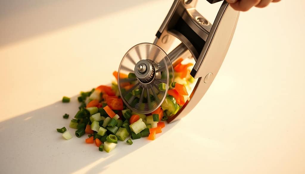 A close-up view of a manual food chopper in action, capturing the intricate mechanism and blades as they efficiently dice fresh vegetables. The chopper is placed on a clean, neutral-colored surface, bathed in warm, directional lighting that accentuates the tool's sleek, stainless steel design. The blades spin with precision, creating a mesmerizing display of efficient food preparation. The composition emphasizes the chopper's functionality, showcasing its performance and the ease with which it transforms ingredients. The overall scene conveys a sense of control, proficiency, and the satisfaction of a well-executed culinary task. A close-up view of a manual food chopper in action, capturing the intricate mechanism and blades as they efficiently dice fresh vegetables. The chopper is placed on a clean, neutral-colored surface, bathed in warm, directional lighting that accentuates the tool's sleek, stainless steel design. The blades spin with precision, creating a mesmerizing display of efficient food preparation. The composition emphasizes the chopper's functionality, showcasing its performance and the ease with which it transforms ingredients. The overall scene conveys a sense of control, proficiency, and the satisfaction of a well-executed culinary task.