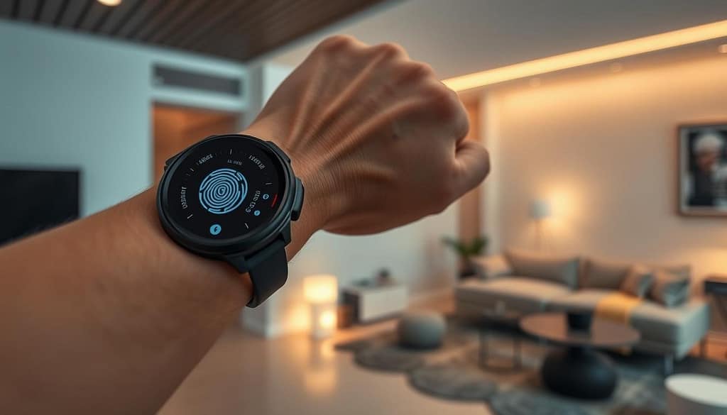 A close-up view of a person's arm wearing a sleek, high-tech smartwatch. The watch's display shows a security interface with biometric authentication options like fingerprint and facial recognition. In the background, a modern, minimalist smart home interior is visible, with seamless integration of various security devices like motion sensors, cameras, and smart locks. Subtle yet vibrant lighting accentuates the sophisticated design, creating an atmosphere of advanced technological control and enhanced safety. The image conveys the idea of wearable security systems seamlessly blending with a smart home environment to provide a comprehensive and efficient security solution. A close-up view of a person's arm wearing a sleek, high-tech smartwatch. The watch's display shows a security interface with biometric authentication options like fingerprint and facial recognition. In the background, a modern, minimalist smart home interior is visible, with seamless integration of various security devices like motion sensors, cameras, and smart locks. Subtle yet vibrant lighting accentuates the sophisticated design, creating an atmosphere of advanced technological control and enhanced safety. The image conveys the idea of wearable security systems seamlessly blending with a smart home environment to provide a comprehensive and efficient security solution.