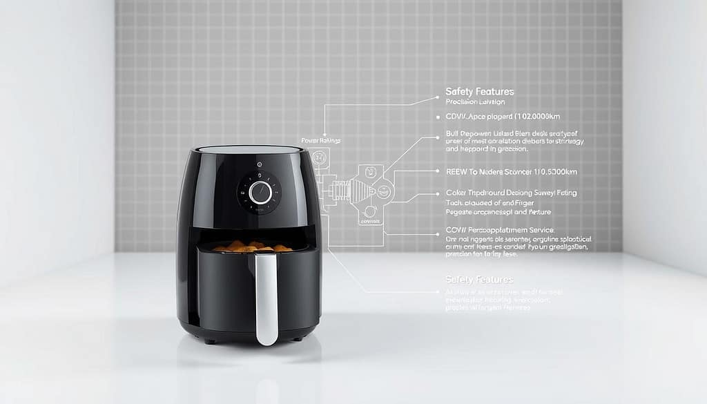 A detailed technical illustration of the COSORI smart air fryer, showcasing its key specifications and safety features. The foreground presents the appliance in a clean, well-lit studio setting, highlighting its sleek design and control panel. The middle ground includes a technical diagram with labeled components, power ratings, and cooking capacities. The background features a subtle grid pattern, emphasizing the precision engineering. The overall mood is informative and technical, conveying the high-quality construction and advanced functionality of the air fryer. The image should be captured from a slightly elevated angle to provide an optimal viewing experience. A detailed technical illustration of the COSORI smart air fryer, showcasing its key specifications and safety features. The foreground presents the appliance in a clean, well-lit studio setting, highlighting its sleek design and control panel. The middle ground includes a technical diagram with labeled components, power ratings, and cooking capacities. The background features a subtle grid pattern, emphasizing the precision engineering. The overall mood is informative and technical, conveying the high-quality construction and advanced functionality of the air fryer. The image should be captured from a slightly elevated angle to provide an optimal viewing experience.