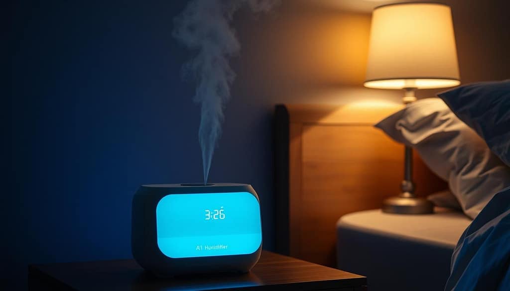 A dimly lit bedroom at night, the Dreo humidifier's display glowing softly on the nightstand. The display shows the current humidity level and temperature, with a soothing blue-green backlight. The humidifier's sleek, white casing blends seamlessly into the room's decor, casting a gentle mist into the air. Soft, warm lighting from a bedside lamp creates a cozy, relaxing atmosphere, while the humidifier's quiet operation ensures a peaceful, undisturbed sleep. The scene captures the perfect balance of technology and comfort for a bedroom environment. A dimly lit bedroom at night, the Dreo humidifier's display glowing softly on the nightstand. The display shows the current humidity level and temperature, with a soothing blue-green backlight. The humidifier's sleek, white casing blends seamlessly into the room's decor, casting a gentle mist into the air. Soft, warm lighting from a bedside lamp creates a cozy, relaxing atmosphere, while the humidifier's quiet operation ensures a peaceful, undisturbed sleep. The scene captures the perfect balance of technology and comfort for a bedroom environment.