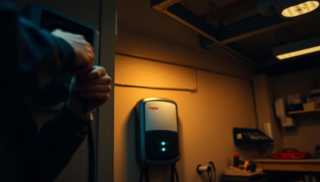 A dimly lit garage interior, with a focus on the process of installing a residential electric car charger. In the foreground, a technician's hands skillfully connecting the charger's wiring to the home's electrical panel, their movements precise and intentional. In the middle ground, the sleek, modern design of the ChargePoint HomeFlex charger stands out, its matte finish and subtle LED indicators conveying a sense of advanced technology. The background features neatly organized tools and supplies, hinting at the thorough preparation required for a successful installation. Warm, diffused lighting from overhead fixtures creates a sense of professionalism and attention to detail, while the overall scene conveys the care and expertise needed to properly integrate an EV charger into a residential setting. A dimly lit garage interior, with a focus on the process of installing a residential electric car charger. In the foreground, a technician's hands skillfully connecting the charger's wiring to the home's electrical panel, their movements precise and intentional. In the middle ground, the sleek, modern design of the ChargePoint HomeFlex charger stands out, its matte finish and subtle LED indicators conveying a sense of advanced technology. The background features neatly organized tools and supplies, hinting at the thorough preparation required for a successful installation. Warm, diffused lighting from overhead fixtures creates a sense of professionalism and attention to detail, while the overall scene conveys the care and expertise needed to properly integrate an EV charger into a residential setting.