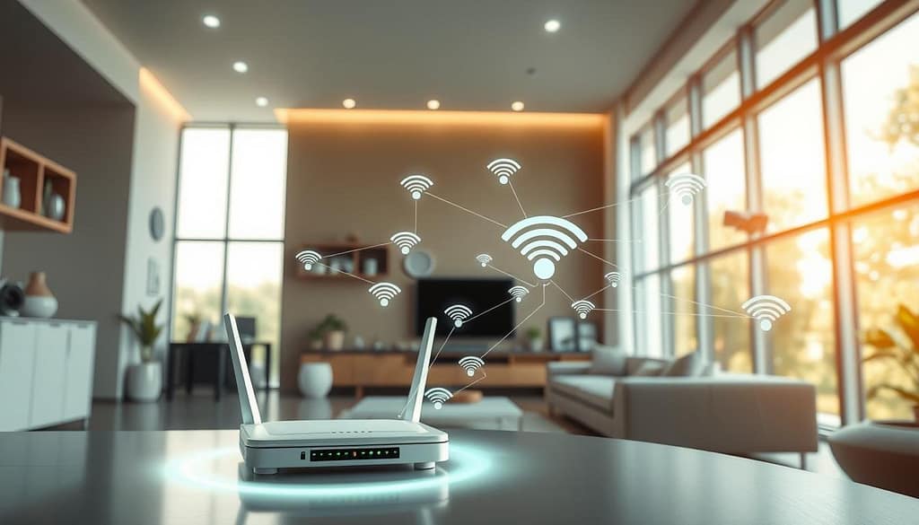 A futuristic, brightly lit interior showcasing the seamless integration of Wi-Fi connectivity in a modern smart home. In the foreground, a sleek, minimalist router emits a soft, glowing aura, symbolizing the invisible network powering the interconnected devices. The middle ground features various smart home appliances and electronics, from a voice-controlled assistant to a security camera, all linked by a web of translucent Wi-Fi signals. The background depicts a panoramic view of the home, with large windows allowing natural light to flood the space, creating a sense of openness and technological advancement. The overall atmosphere is one of efficiency, convenience, and the effortless harmony of a Wi-Fi-powered smart home. A futuristic, brightly lit interior showcasing the seamless integration of Wi-Fi connectivity in a modern smart home. In the foreground, a sleek, minimalist router emits a soft, glowing aura, symbolizing the invisible network powering the interconnected devices. The middle ground features various smart home appliances and electronics, from a voice-controlled assistant to a security camera, all linked by a web of translucent Wi-Fi signals. The background depicts a panoramic view of the home, with large windows allowing natural light to flood the space, creating a sense of openness and technological advancement. The overall atmosphere is one of efficiency, convenience, and the effortless harmony of a Wi-Fi-powered smart home.