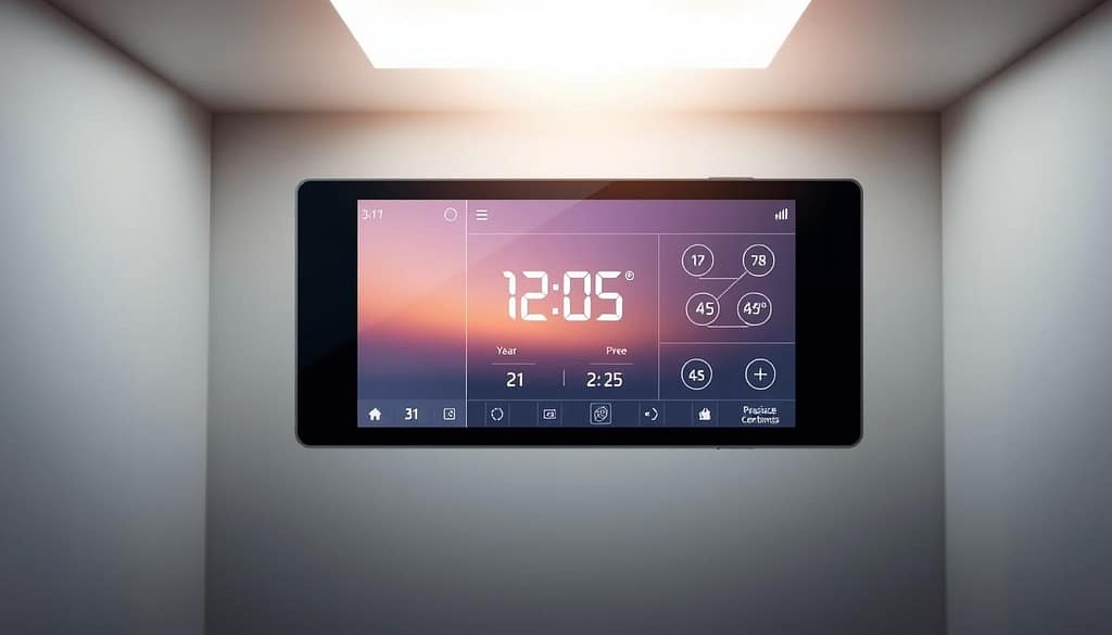A modern, minimalist indoor climate control display with a sleek, rectangular frame. The foreground features a high-resolution touchscreen display showing real-time temperature, humidity, and other sensor data. The middle ground showcases intuitive touch controls and settings adjustments for precise climate management. The background subtly depicts a simplified, geometric room environment with clean lines and muted tones, creating a sense of harmony. Soft, diffused lighting from above casts a warm, inviting glow over the entire scene, highlighting the display's crisp, vibrant colors and smooth, responsive interface. A modern, minimalist indoor climate control display with a sleek, rectangular frame. The foreground features a high-resolution touchscreen display showing real-time temperature, humidity, and other sensor data. The middle ground showcases intuitive touch controls and settings adjustments for precise climate management. The background subtly depicts a simplified, geometric room environment with clean lines and muted tones, creating a sense of harmony. Soft, diffused lighting from above casts a warm, inviting glow over the entire scene, highlighting the display's crisp, vibrant colors and smooth, responsive interface.