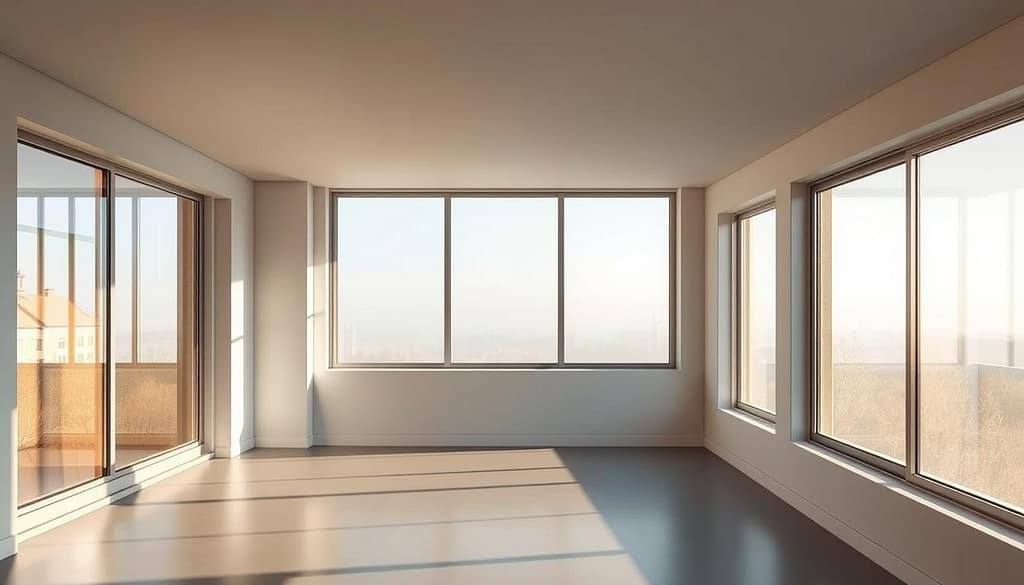 A modern, minimalist interior with floor-to-ceiling, automated smart windows. Diffused natural light streams through the sleek, slim window frames, casting a warm, ambient glow across the space. Intelligent sensors seamlessly adjust the tint and insulation of the glass panes, optimizing energy efficiency based on time of day, weather conditions, and user preferences. Discreet control panels and voice commands allow for effortless management of the adaptive window treatments. The space radiates a sense of sophistication and technological integration, showcasing a harmonious balance between style and sustainable functionality. A modern, minimalist interior with floor-to-ceiling, automated smart windows. Diffused natural light streams through the sleek, slim window frames, casting a warm, ambient glow across the space. Intelligent sensors seamlessly adjust the tint and insulation of the glass panes, optimizing energy efficiency based on time of day, weather conditions, and user preferences. Discreet control panels and voice commands allow for effortless management of the adaptive window treatments. The space radiates a sense of sophistication and technological integration, showcasing a harmonious balance between style and sustainable functionality.