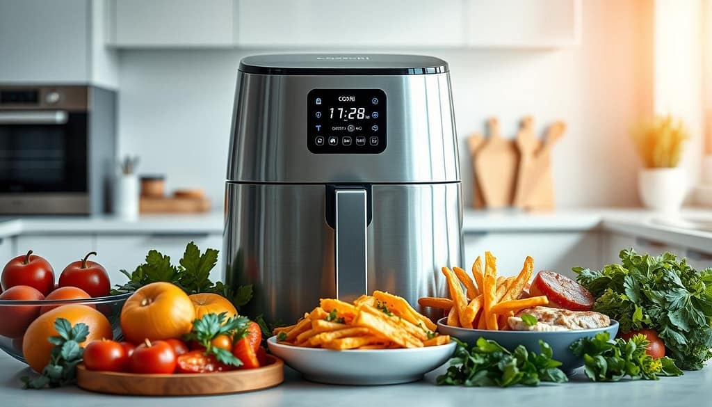 A modern, sleek air fryer set against a bright, airy kitchen backdrop. The air fryer's LED display and control panel are prominently featured, showcasing its intuitive, multi-functional capabilities. Healthy, vibrant ingredients like fresh produce, lean proteins, and herbs are artfully arranged around the appliance, conveying its ability to cook nutritious meals efficiently. Warm, diffused lighting casts a natural glow, highlighting the air fryer's premium stainless steel construction and the kitchen's clean, minimalist design. The scene exudes a sense of culinary mastery and wellness, perfectly capturing the "Cooking Performance and Healthy Meal Benefits" of this COSORI Smart Wi-Fi Air Fryer. A modern, sleek air fryer set against a bright, airy kitchen backdrop. The air fryer's LED display and control panel are prominently featured, showcasing its intuitive, multi-functional capabilities. Healthy, vibrant ingredients like fresh produce, lean proteins, and herbs are artfully arranged around the appliance, conveying its ability to cook nutritious meals efficiently. Warm, diffused lighting casts a natural glow, highlighting the air fryer's premium stainless steel construction and the kitchen's clean, minimalist design. The scene exudes a sense of culinary mastery and wellness, perfectly capturing the "Cooking Performance and Healthy Meal Benefits" of this COSORI Smart Wi-Fi Air Fryer.