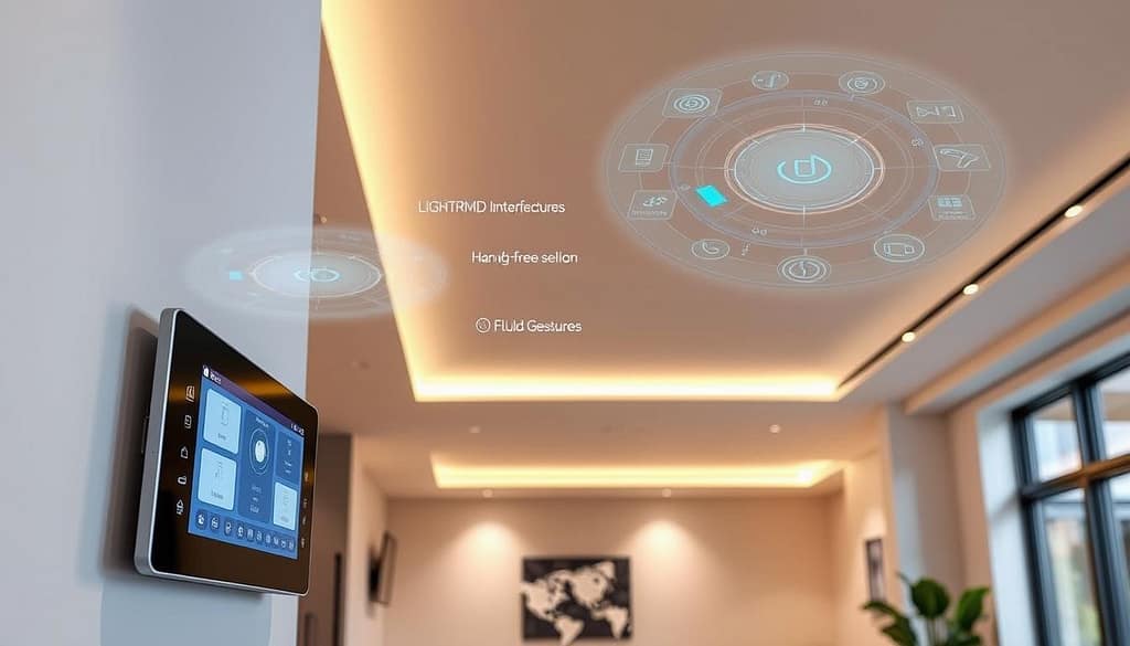 A modern smart home interior with an intelligent lighting control system. In the foreground, a sleek, minimalist wall-mounted panel displays a touchscreen interface for adjusting lighting levels, color temperature, and pre-programmed scenes across the room. Floating above it, holographic controls project a customizable interface, allowing hands-free adjustments with fluid gestures. In the middle ground, strategically placed recessed and track lighting fixtures bathe the space in a warm, ambient glow, seamlessly blending with the natural light from large windows. The background reveals a clean, contemporary aesthetic, with smart home devices and sensors discreetly integrated into the architecture, creating an atmosphere of comfort and efficiency. The overall scene conveys a sense of technological sophistication and intuitive control over the home environment. A modern smart home interior with an intelligent lighting control system. In the foreground, a sleek, minimalist wall-mounted panel displays a touchscreen interface for adjusting lighting levels, color temperature, and pre-programmed scenes across the room. Floating above it, holographic controls project a customizable interface, allowing hands-free adjustments with fluid gestures. In the middle ground, strategically placed recessed and track lighting fixtures bathe the space in a warm, ambient glow, seamlessly blending with the natural light from large windows. The background reveals a clean, contemporary aesthetic, with smart home devices and sensors discreetly integrated into the architecture, creating an atmosphere of comfort and efficiency. The overall scene conveys a sense of technological sophistication and intuitive control over the home environment.