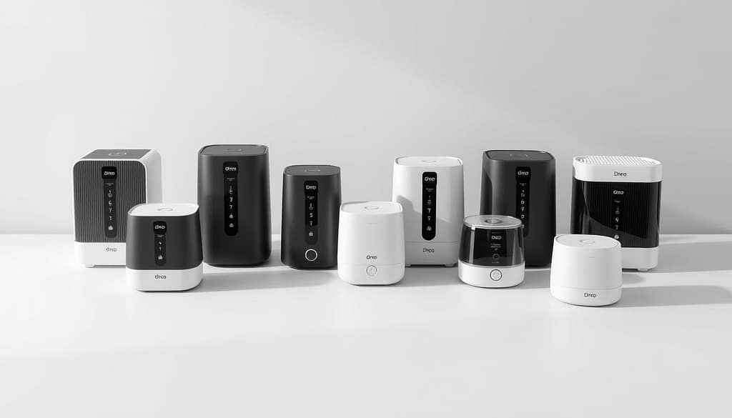 A neatly arranged lineup of Dreo smart humidifiers, showcased against a minimalist backdrop. The humidifiers are displayed on a clean, neutral-colored surface, with soft, even lighting illuminating their sleek, modern designs. The lineup includes several models in various sizes and shapes, allowing the viewer to appreciate the brand's diverse product offerings. The humidifiers' digital displays and control panels are clearly visible, highlighting their smart features and functionality. The overall composition conveys a sense of sophistication and attention to detail, reflecting the quality and innovation that Dreo brings to the bedroom humidifier market. A neatly arranged lineup of Dreo smart humidifiers, showcased against a minimalist backdrop. The humidifiers are displayed on a clean, neutral-colored surface, with soft, even lighting illuminating their sleek, modern designs. The lineup includes several models in various sizes and shapes, allowing the viewer to appreciate the brand's diverse product offerings. The humidifiers' digital displays and control panels are clearly visible, highlighting their smart features and functionality. The overall composition conveys a sense of sophistication and attention to detail, reflecting the quality and innovation that Dreo brings to the bedroom humidifier market.