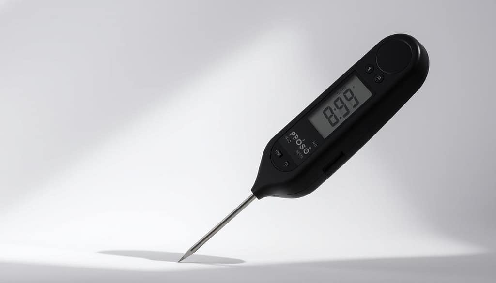 A precisely detailed digital food thermometer against a clean, minimalist background. The device's precision dial and digital display are prominently featured, highlighting its exceptional ±0.9°F accuracy. The thermometer is positioned at a slight angle, casting soft shadows that convey a sense of depth and dimensionality. Subtle ambient lighting accentuates the sleek, high-quality construction, evoking a professional, laboratory-like atmosphere. The overall composition emphasizes the technical capabilities and reliability of the thermometer, aligning with the article's focus on precise temperature measurement. A precisely detailed digital food thermometer against a clean, minimalist background. The device's precision dial and digital display are prominently featured, highlighting its exceptional ±0.9°F accuracy. The thermometer is positioned at a slight angle, casting soft shadows that convey a sense of depth and dimensionality. Subtle ambient lighting accentuates the sleek, high-quality construction, evoking a professional, laboratory-like atmosphere. The overall composition emphasizes the technical capabilities and reliability of the thermometer, aligning with the article's focus on precise temperature measurement.