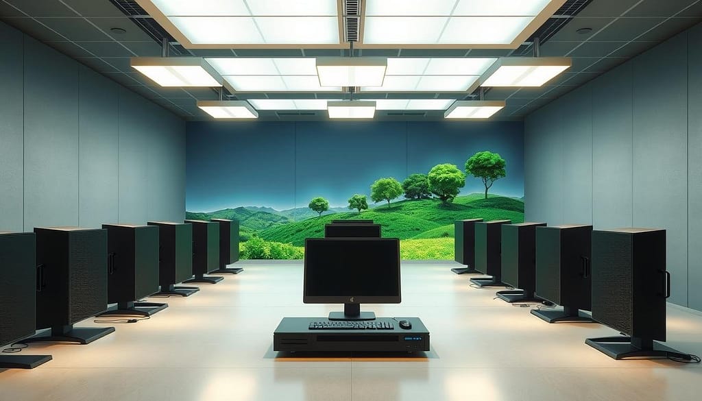 A serene, minimalist office space with sleek, energy-efficient computing devices arranged in a visually striking, grid-like pattern. Soft, diffused lighting from overhead fixtures creates a warm, productive atmosphere. In the background, a stylized, low-poly rendering of a lush, verdant landscape symbolizes the environmental benefits of sustainable technology. The overall composition conveys a sense of harmony between advanced computing and eco-friendly design principles. A serene, minimalist office space with sleek, energy-efficient computing devices arranged in a visually striking, grid-like pattern. Soft, diffused lighting from overhead fixtures creates a warm, productive atmosphere. In the background, a stylized, low-poly rendering of a lush, verdant landscape symbolizes the environmental benefits of sustainable technology. The overall composition conveys a sense of harmony between advanced computing and eco-friendly design principles.