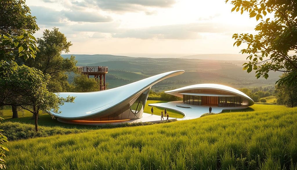 A sleek, biomimetic structure emerges from a lush, verdant landscape. Graceful curves and organic forms inspired by nature's efficient designs. In the foreground, a central focal point showcases innovative, sustainable materials and technologies. Soft, diffused lighting illuminates intricate patterns and textures, like those found in leaves, shells, and cellular structures. In the middle ground, complementary architectural elements seamlessly integrate with the surrounding environment. The background features a horizon of rolling hills and a tranquil sky, conveying a sense of harmony between human innovation and the natural world. This image embodies the principles of biomimetic design, where sustainable solutions are drawn from nature's ingenuity. A sleek, biomimetic structure emerges from a lush, verdant landscape. Graceful curves and organic forms inspired by nature's efficient designs. In the foreground, a central focal point showcases innovative, sustainable materials and technologies. Soft, diffused lighting illuminates intricate patterns and textures, like those found in leaves, shells, and cellular structures. In the middle ground, complementary architectural elements seamlessly integrate with the surrounding environment. The background features a horizon of rolling hills and a tranquil sky, conveying a sense of harmony between human innovation and the natural world. This image embodies the principles of biomimetic design, where sustainable solutions are drawn from nature's ingenuity.