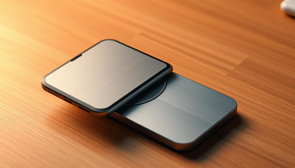 A sleek, foldable iPhone charger rests on a minimalist wooden surface, its brushed metal body gleaming under warm, directional lighting. The charging pad swivels and tilts effortlessly, allowing for versatile positioning and angle adjustments to accommodate various devices and setups. The design seamlessly blends functionality and aesthetics, creating a stylish and practical charging solution that complements the modern workspace or bedside table. A sleek, foldable iPhone charger rests on a minimalist wooden surface, its brushed metal body gleaming under warm, directional lighting. The charging pad swivels and tilts effortlessly, allowing for versatile positioning and angle adjustments to accommodate various devices and setups. The design seamlessly blends functionality and aesthetics, creating a stylish and practical charging solution that complements the modern workspace or bedside table.