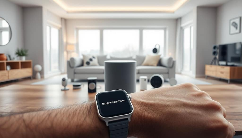A sleek, minimalist smart home setup with a central smart speaker, various connected devices, and a smartwatch on a person's wrist. In the foreground, the smartwatch displays an error message, conveying integration challenges. The middle ground shows the smart speaker surrounded by smart home devices like lighting, security cameras, and a thermostat, all seemingly disconnected. The background depicts a modern, well-lit living room with large windows, highlighting the discord between the advanced technology and the inability to seamlessly integrate it. Soft, muted colors create a sense of frustration and unease, emphasizing the technical limitations of the smart home ecosystem. A sleek, minimalist smart home setup with a central smart speaker, various connected devices, and a smartwatch on a person's wrist. In the foreground, the smartwatch displays an error message, conveying integration challenges. The middle ground shows the smart speaker surrounded by smart home devices like lighting, security cameras, and a thermostat, all seemingly disconnected. The background depicts a modern, well-lit living room with large windows, highlighting the discord between the advanced technology and the inability to seamlessly integrate it. Soft, muted colors create a sense of frustration and unease, emphasizing the technical limitations of the smart home ecosystem.