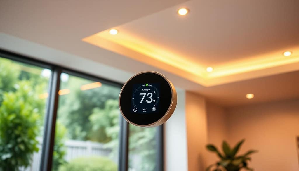 A sleek, minimalist smart thermostat control panel hovers in a well-lit, modern interior. The device's touchscreen display showcases intuitive temperature and energy-efficiency controls, with clean lines and a stylish matte finish. Warm, diffused lighting from recessed ceiling fixtures casts a soft, inviting glow, while large windows in the background reveal a lush, verdant garden scene. The overall atmosphere exudes a sense of technological sophistication seamlessly integrated into a comfortable, sustainable home environment. A sleek, minimalist smart thermostat control panel hovers in a well-lit, modern interior. The device's touchscreen display showcases intuitive temperature and energy-efficiency controls, with clean lines and a stylish matte finish. Warm, diffused lighting from recessed ceiling fixtures casts a soft, inviting glow, while large windows in the background reveal a lush, verdant garden scene. The overall atmosphere exudes a sense of technological sophistication seamlessly integrated into a comfortable, sustainable home environment.
