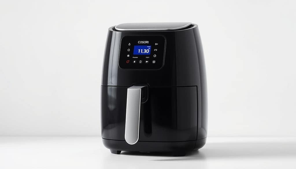 A sleek, modern COSORI smart air fryer set against a clean, minimalist background. The air fryer is center-stage, showcasing its intuitive touch-screen controls and Wi-Fi connectivity. Soft, directional lighting highlights the device's polished stainless steel accents and digital display. The air fryer is positioned at a slight angle, inviting the viewer to explore its features. The background is simple yet refined, with a subtle gradient or plain white backdrop to keep the focus on the smart appliance. An overall sense of high-tech functionality and culinary sophistication pervades the scene.